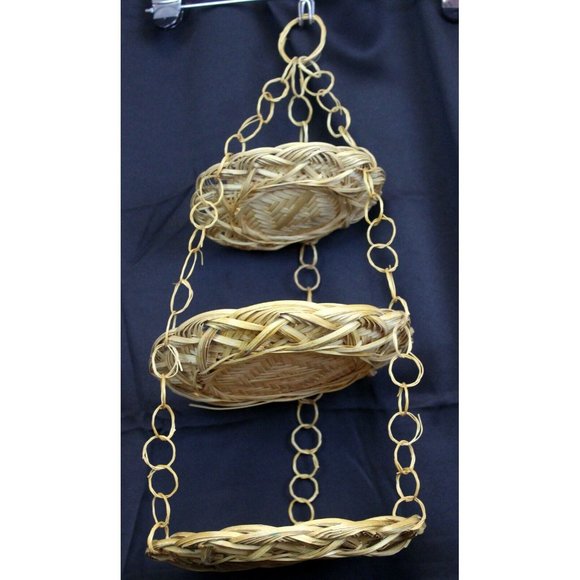 Vtg Boho Tan Beige Woven Bamboo 3 Tiered 19" Hanging Fruit Kitchen Plate Basket - Picture 4 of 11